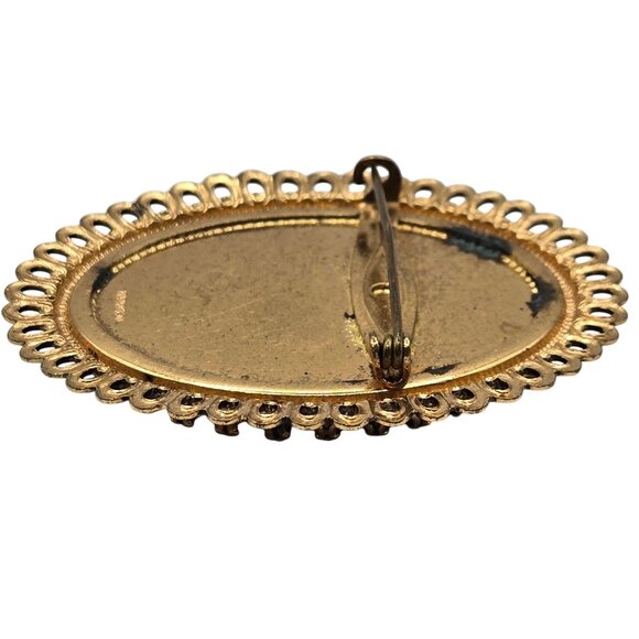 VTG Brooch Gold Tone Black Enamel Floral Cameo Antique Renaissance Granny Pin - Picture 9 of 10